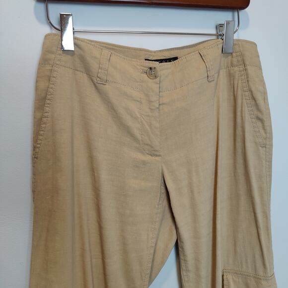 Theory Women's Sz 4 Y2K Tan Linen Blend Cargo Roll Tab Pants Low Rise - Picture 2 of 8
